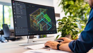 Employee working on a 3D model on a monitor in a design studio filled with daylight and plants
