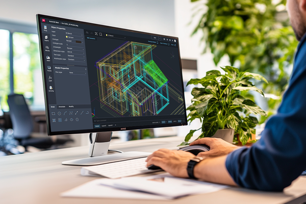 Employee working on a 3D model on a monitor in a design studio filled with daylight and plants
