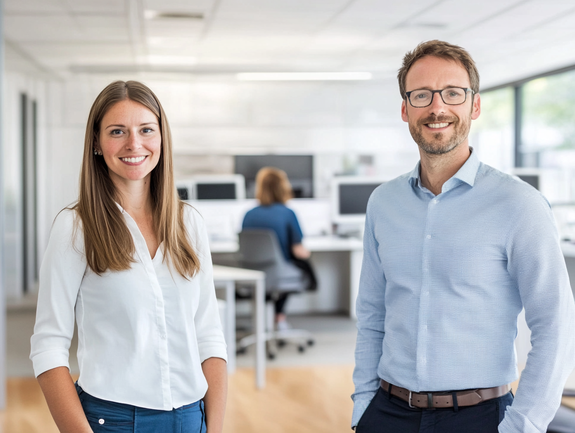 Deux collègues souriant dans un espace de bureau moderne avec des postes de travail ouverts et de la lumière naturelle