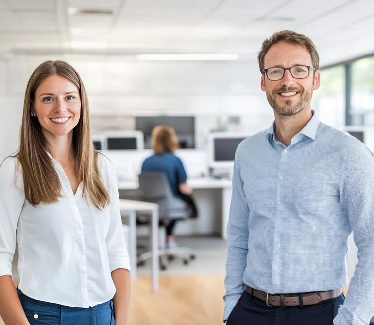 Deux collègues souriant dans un espace de bureau moderne avec des postes de travail ouverts et de la lumière naturelle