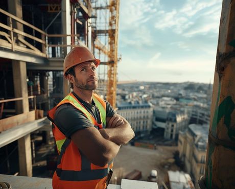 Ouvrier du bâtiment avec casque regardant vers le haut depuis un étage élevé sur un chantier urbain