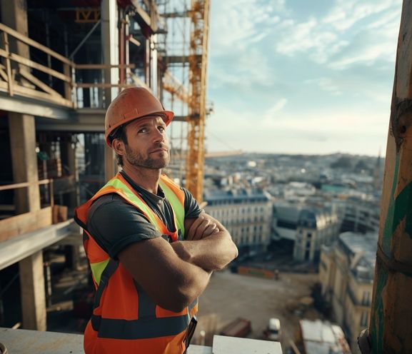Ouvrier du bâtiment avec casque regardant vers le haut depuis un étage élevé sur un chantier urbain