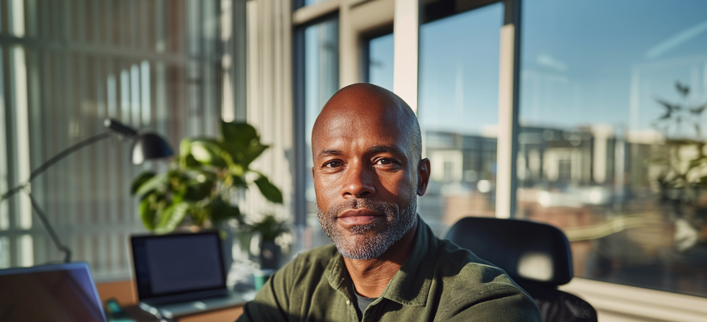 Man working at a desk in a bright office with large windows and plants in the background