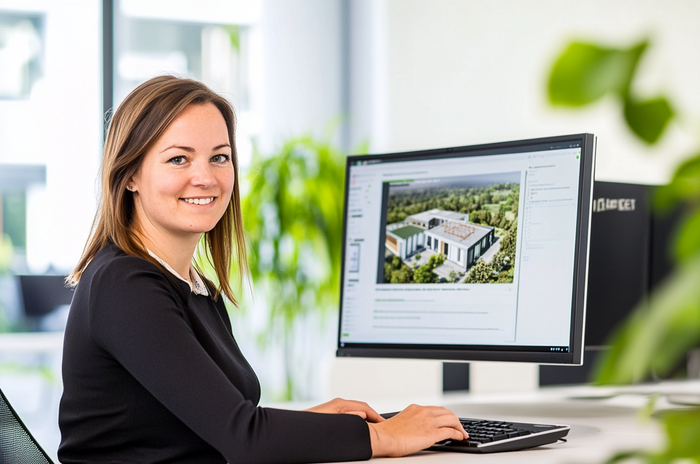 Vrouw werkt aan vastgoedvisualisatie op groot scherm in licht kantoor met veel planten