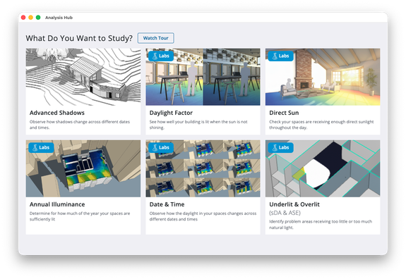 Web pagina getiteld "What Do You Want to Study?" with study options: Advanced Shadows, Daylight Factor, Direct Sun, Annual Illuminance, Date & Time, Underlit & Overlit.