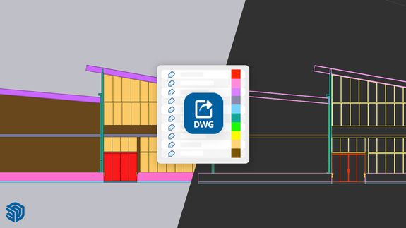 Architectural CAD drawing with DWG file icon, showing a building design split between detailed and simplified styles.