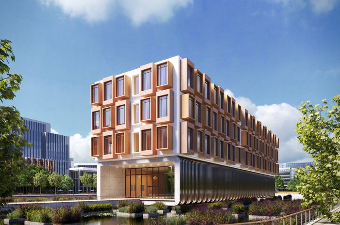 3D rendering of a building next to a water feature surrounded by a walkway