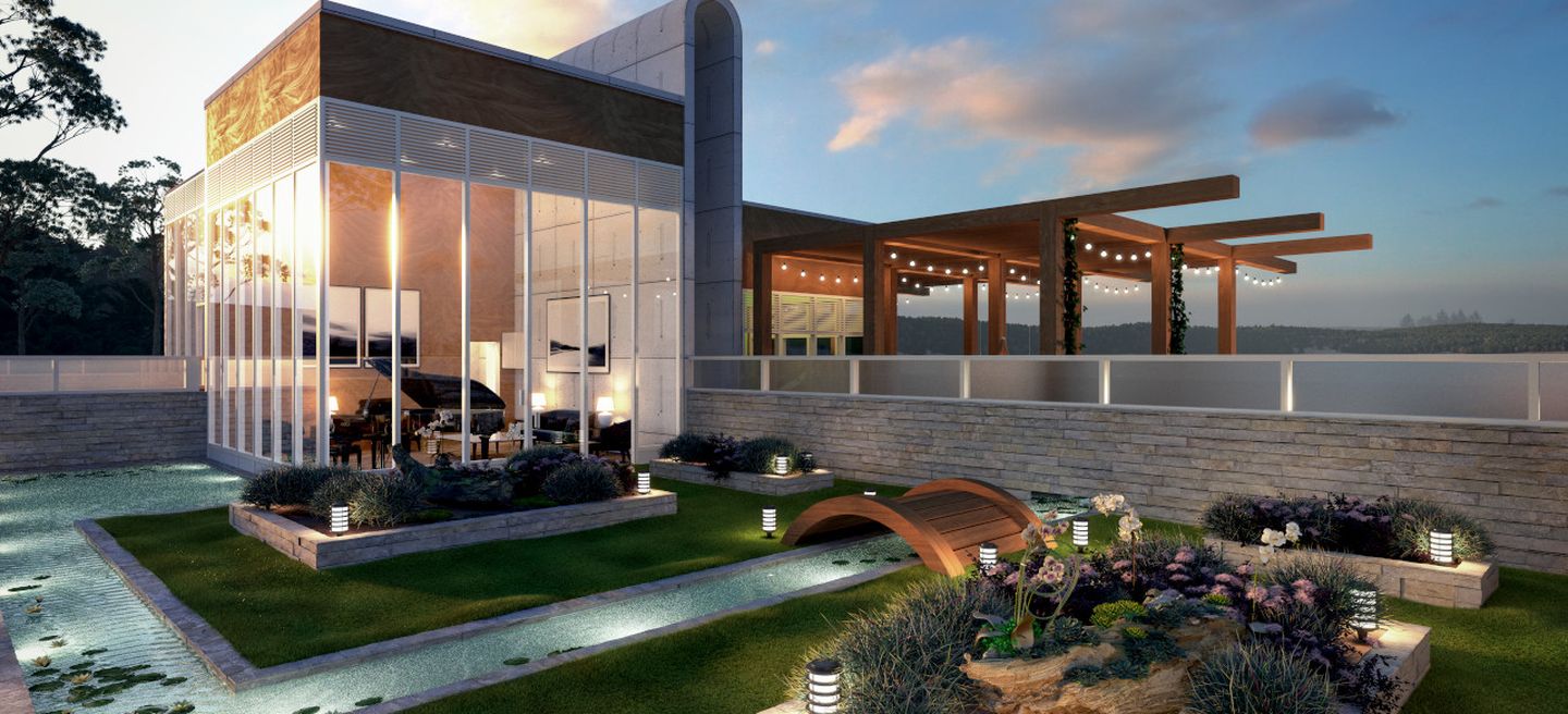 Unique house with glass walls and a moat in the yard