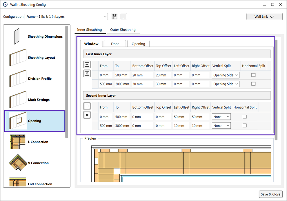 You can predefine offsets and splits for sheathing & paneling, differentiating between the opening family type and size