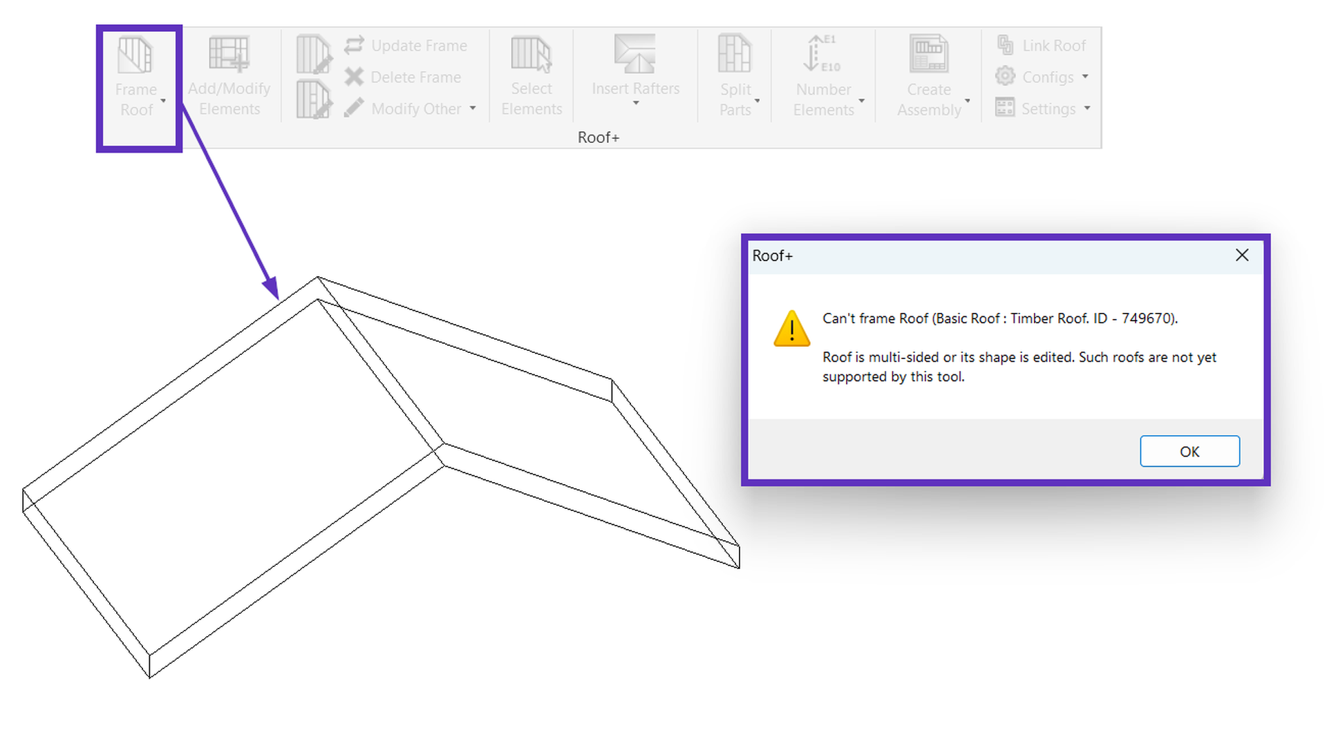 Software screenshot showing a "Frame Roof" tool error message: "Can't frame Roof. Multi-sided roofs not supported."