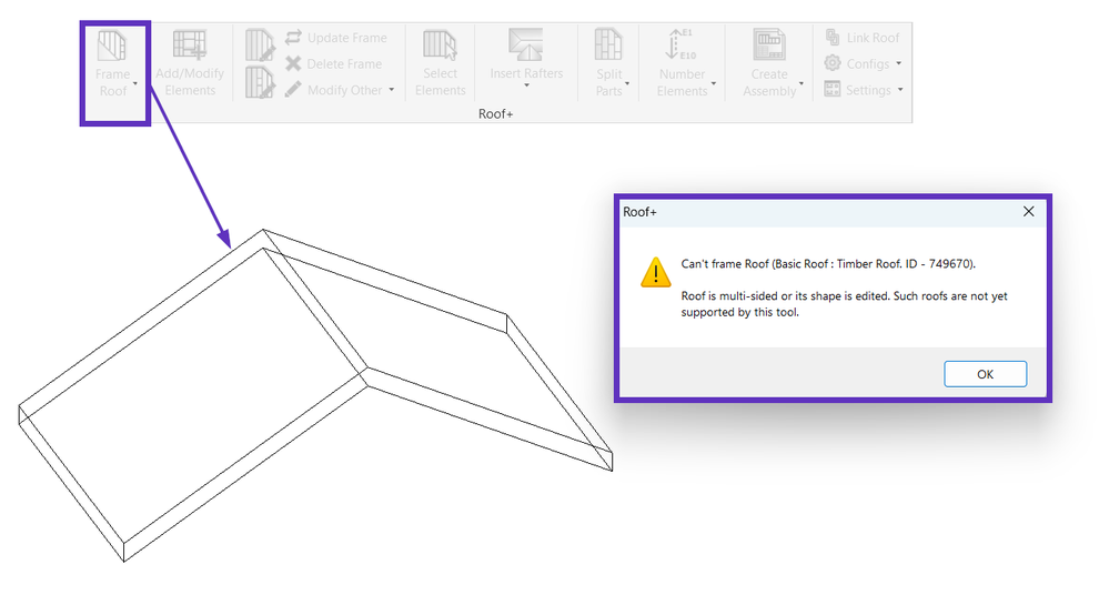 Software screenshot showing a "Frame Roof" tool error message: "Can't frame Roof. Multi-sided roofs not supported."
