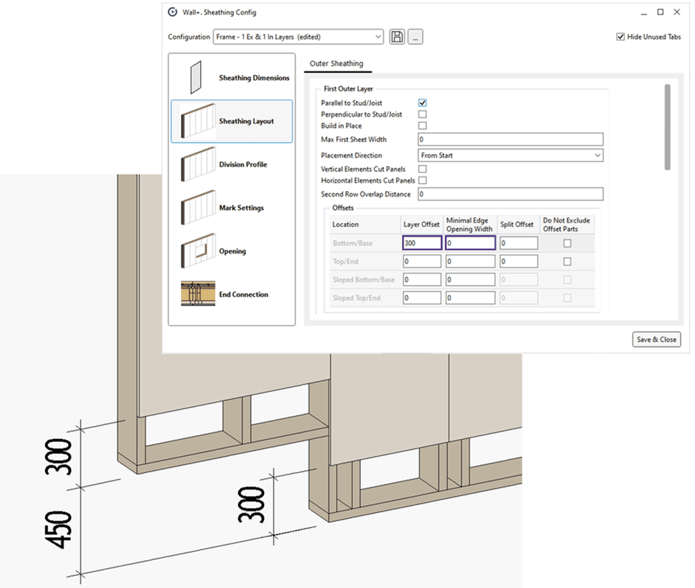 There are settings to define where sheathing should and should not be applied on a wall frame.