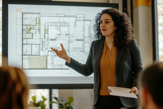 Equipo de tres revisando planos de construcción en pantalla interactiva con anotaciones