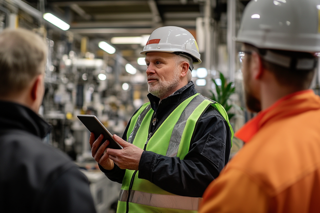 Felügyelő védőfelszerelésben tart tabletet csapat eligazításon ipari létesítményben
