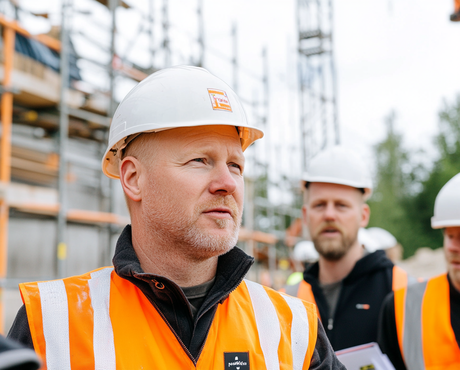 Professionnel du bâtiment en gilet orange et casque inspectant un chantier avec des échafaudages en arrière-plan