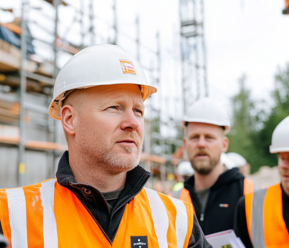 Professionnel du bâtiment en gilet orange et casque inspectant un chantier avec des échafaudages en arrière-plan