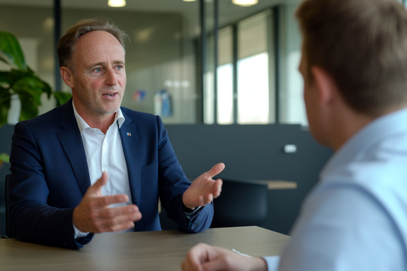 Manager am Kostüm erkläert eppes sengem Kolleg während engem Gespréich an engem modernen Büro mat Planzen