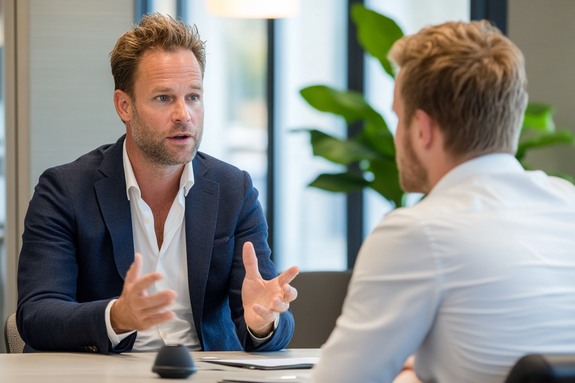 Manager in pak voert gesprek met collega aan vergadertafel in lichte ruimte met planten