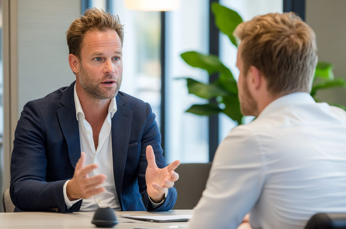 Manager in pak voert gesprek met collega aan vergadertafel in lichte ruimte met planten
