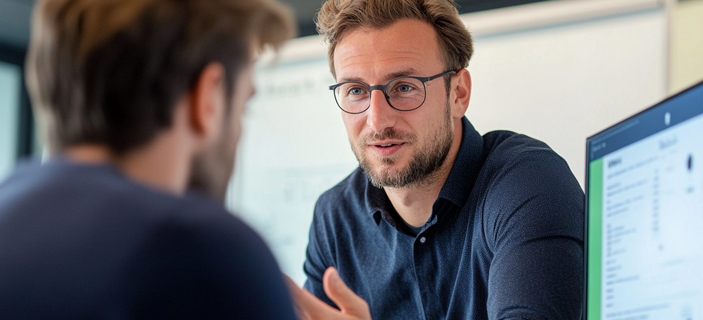 Két kolléga összpontosított beszélgetést folytat modern irodában látható képernyőkkel