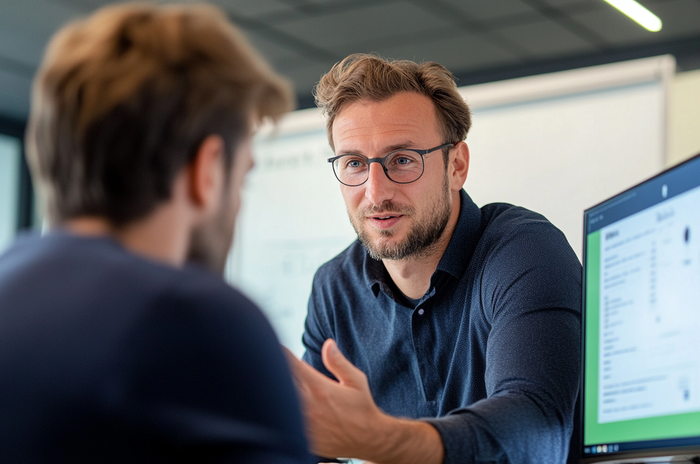 Két kolléga összpontosított beszélgetést folytat modern irodában látható képernyőkkel