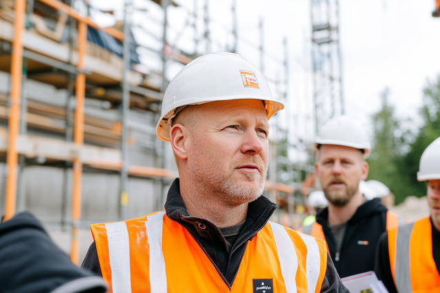 Rakennusalan ammattilainen oranssissa liivissä ja kypärässä tarkastaa työmaata, taustalla rakennustelineitä