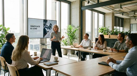 A woman presents to colleagues in a modern conference room with laptops, coffee, and a screen displaying "Innovate & Lead."