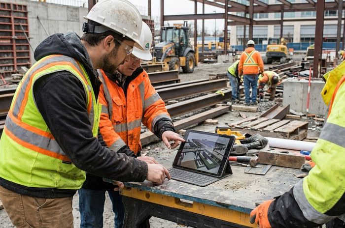 Construction workers in safety gear discuss a digital plan on a tablet at an active job site with steel beams and machinery in the background.