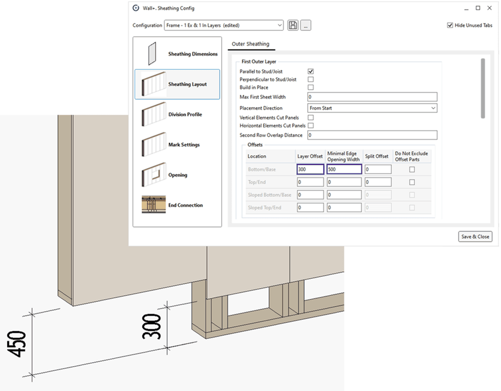 There are settings to define where sheathing should and should not be applied on a wall frame.