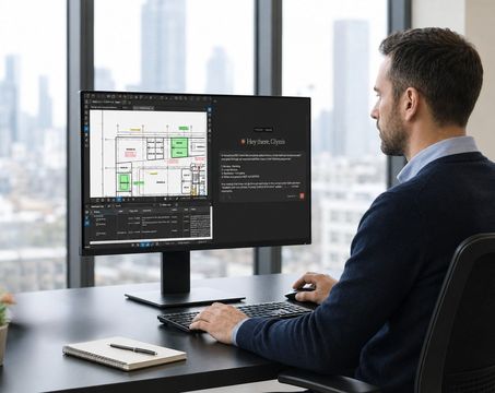 A man working on architectural plans and text on a large monitor in a modern office with a city skyline view.