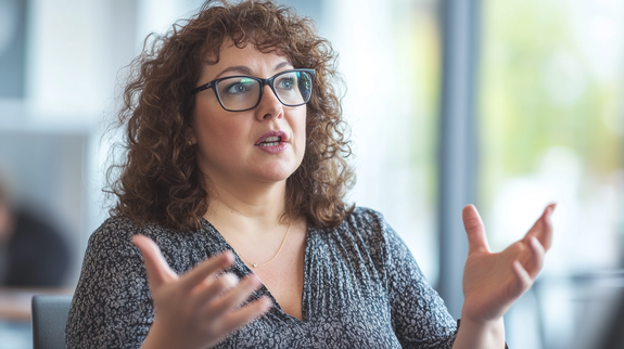 Meer dan software: een succesvolle Autodesk Forma implementatie. Vrouw die uitleg geeft over de implementatie tijdens een vergadering