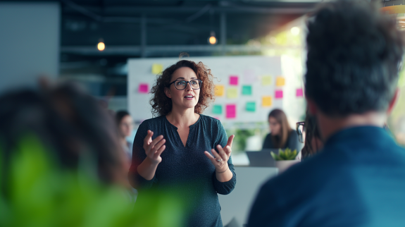 Woman enthusiastically presenting during a creative brainstorm session with sticky notes in the background