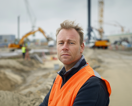Man in oranje hes kijkt recht in camera op industriële bouwplaats met kranen