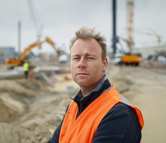 Man in oranje hes kijkt recht in camera op industriële bouwplaats met kranen