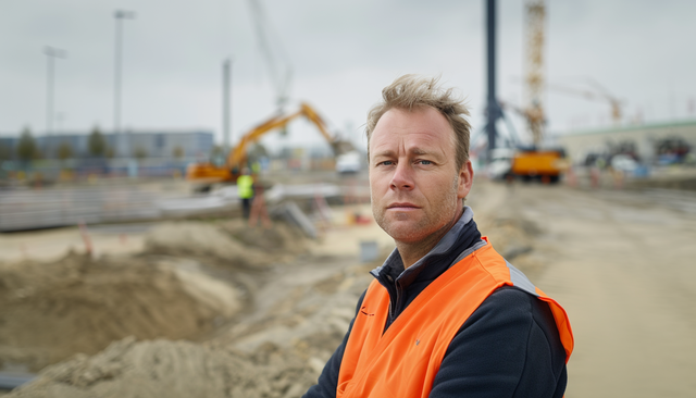 Mann am orangenem Vest kuckt direkt an d’Kamera op engem industrielle Site mat Kranen