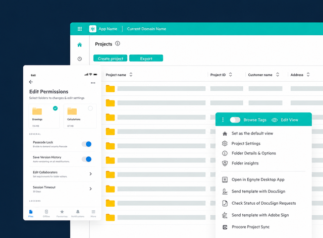 Dashboard showing project folders with options like edit permissions, project settings, and integration features in a clean interface.