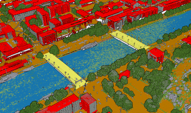 3D map of a city with red-roofed buildings, two yellow bridges over a blue river, and green trees scattered throughout the area.