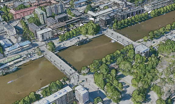 Aerial view of a cityscape with two bridges over a river, surrounded by trees and buildings, under a clear sky.