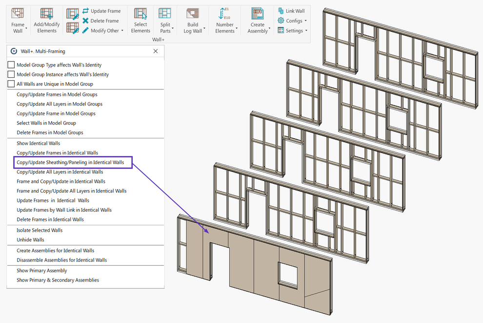 You can copy & update sheathing/paneling across multiple identical wall frames