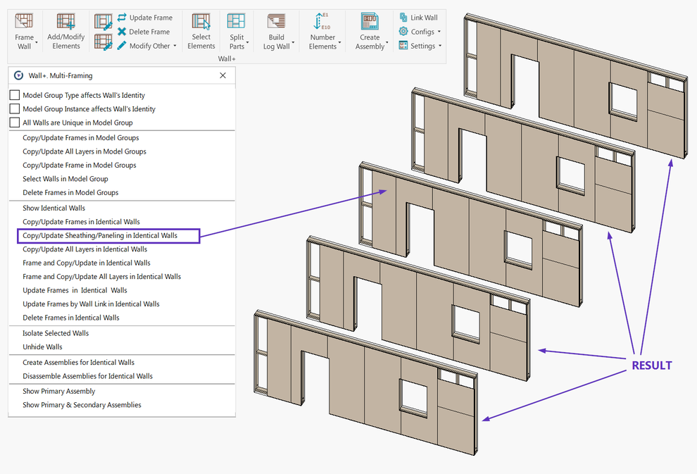 You can modify a single sheathing for a single wall frame and copy it for multiple other frames