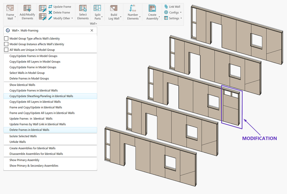 You can modify a single sheathing for a single wall frame and copy it for multiple other frames