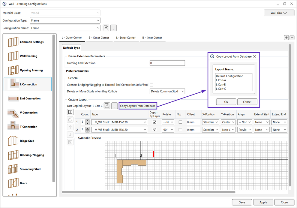 User interface of the Wood Framing plugin for Revit, showing the Wall Framing Configurations window