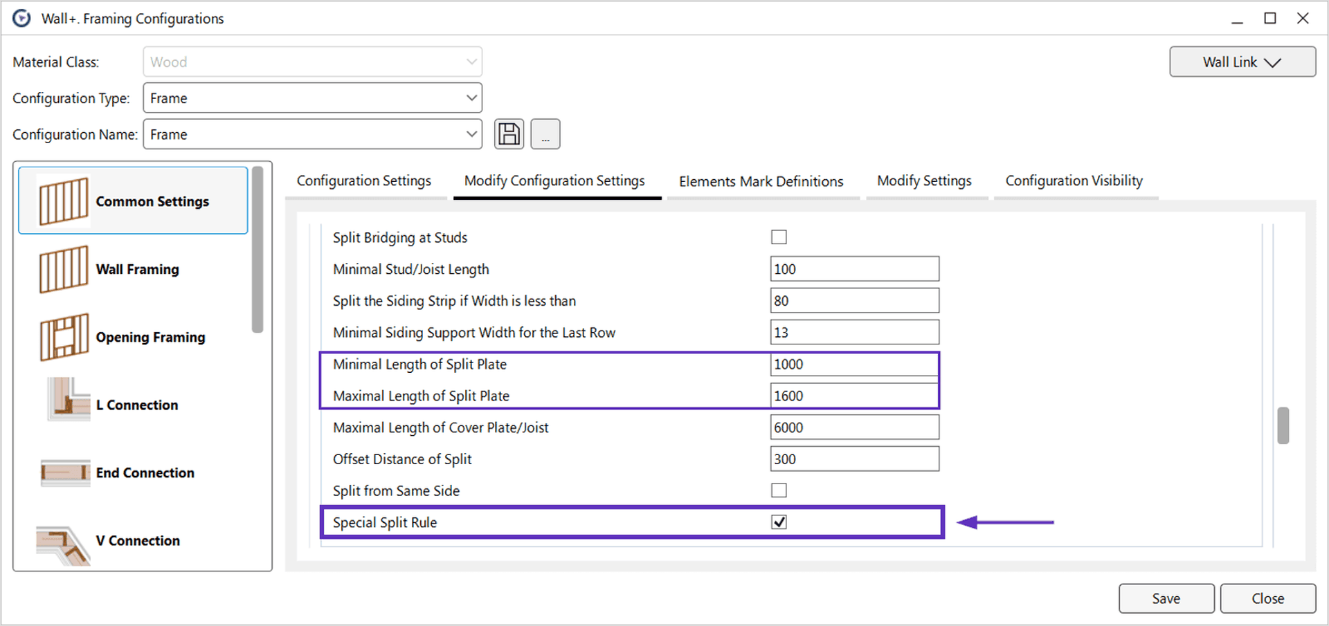 Find the Special Split Rule in the Modify Configuration Settings tab of the Common Settings.