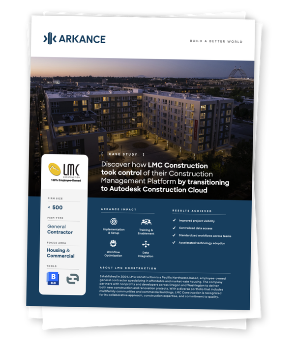Brochure for LMC Construction's case study on using Autodesk Construction Cloud, featuring benefits and company details.