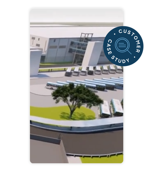 Aerial view of a bus depot with multiple buses parked in rows. A tree and green space are in the foreground. A "Customer Case Study" badge is overlaid.