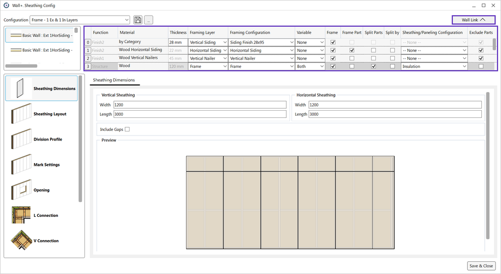 The Wall Link function is directly accessible in the sheathing paneling configurations window
