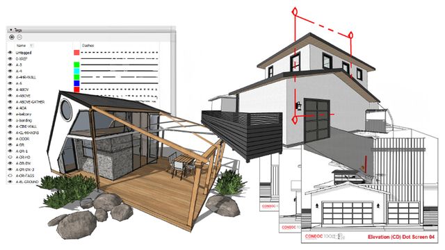 Architectural software interface shows 3D model and design details of a modern house with a wooden deck and landscaping.