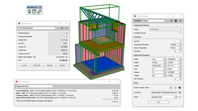 3D building model with cost analysis details; includes profile metrics, cost breakdown, and report settings in Quantifier Pro software.
