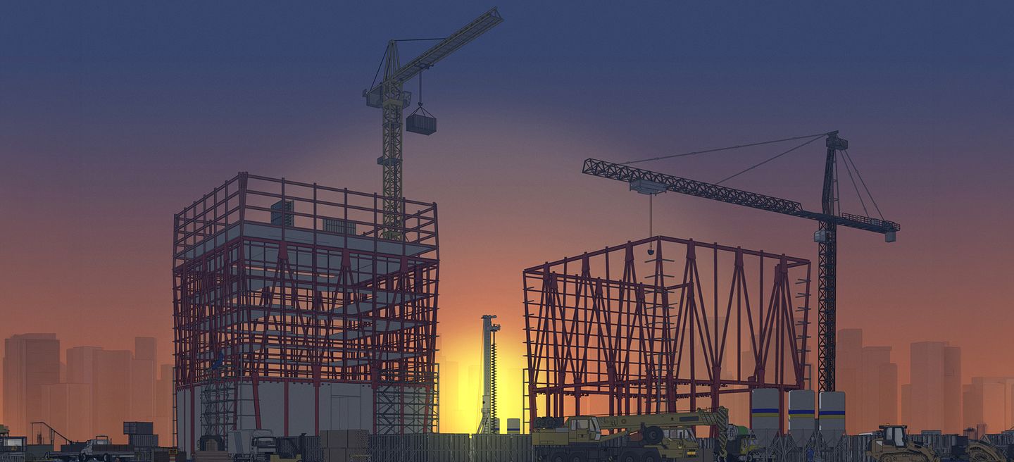 Construction site at sunset with cranes and building frames silhouetted against an orange sky, city skyline in the background.
