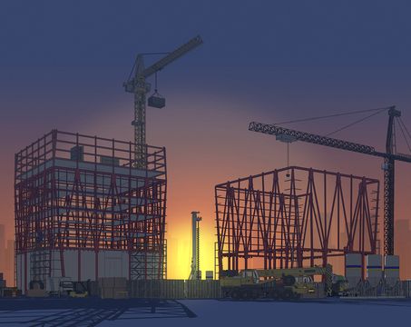 Construction site at sunset with cranes and building frames silhouetted against an orange sky, city skyline in the background.